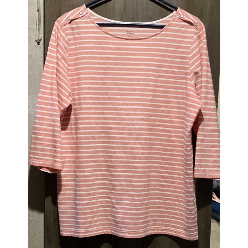 Peace Pearls Pink White Striped Knit Top Button Accent Boat Neck 3/4 Sleeve XXL